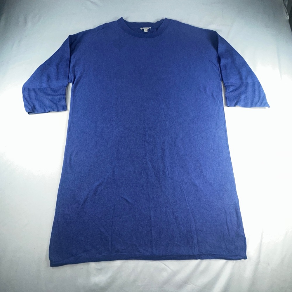 Eileen Fisher Blue Organic Cotton Knit Shift Dress 3/4 Sleeve Size L